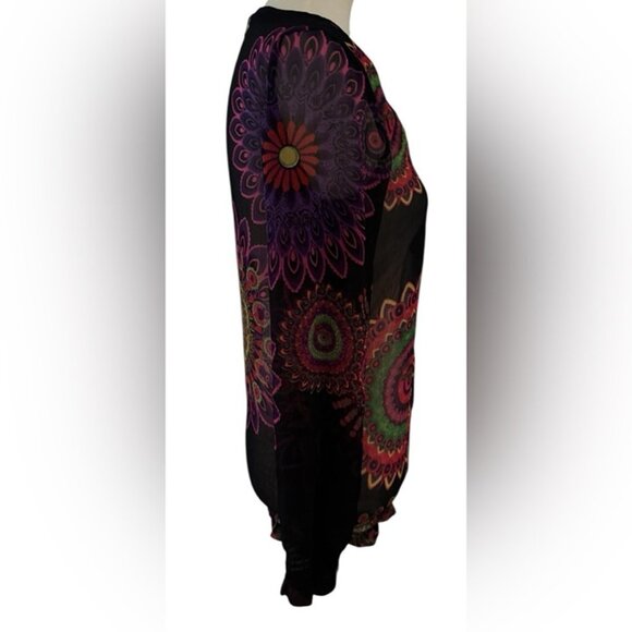 Desigual Black Vibrant Multicolor Sheer Long Sleeve Mandala Tunic Top Size Small - Picture 3 of 11